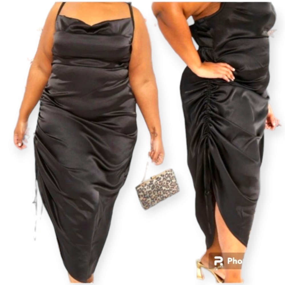 Ashley Stewart stunning satin slip cowl neck black dress. Adjustable straps.